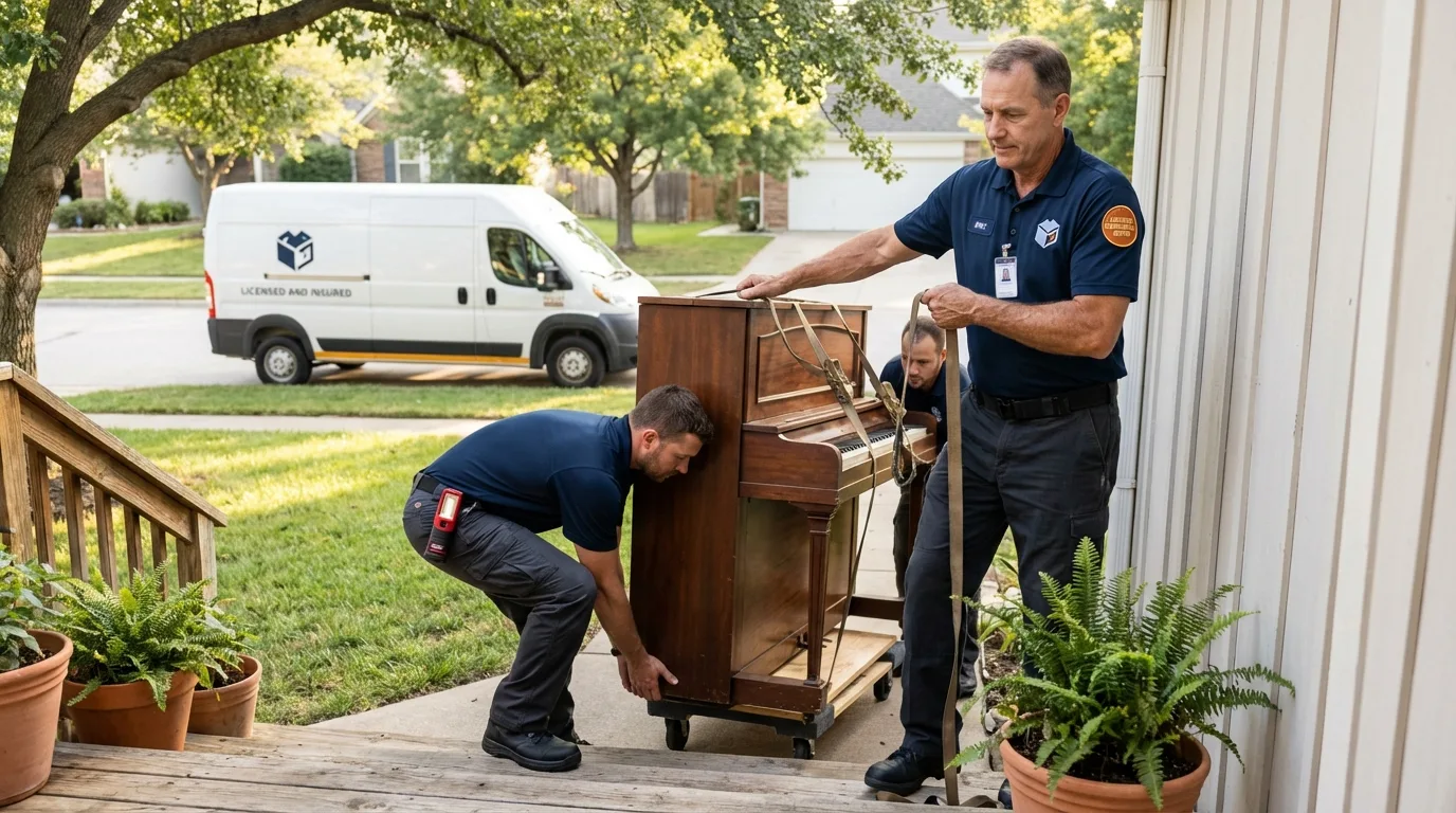 Licensed piano movers securing grand piano in Bradford, TN