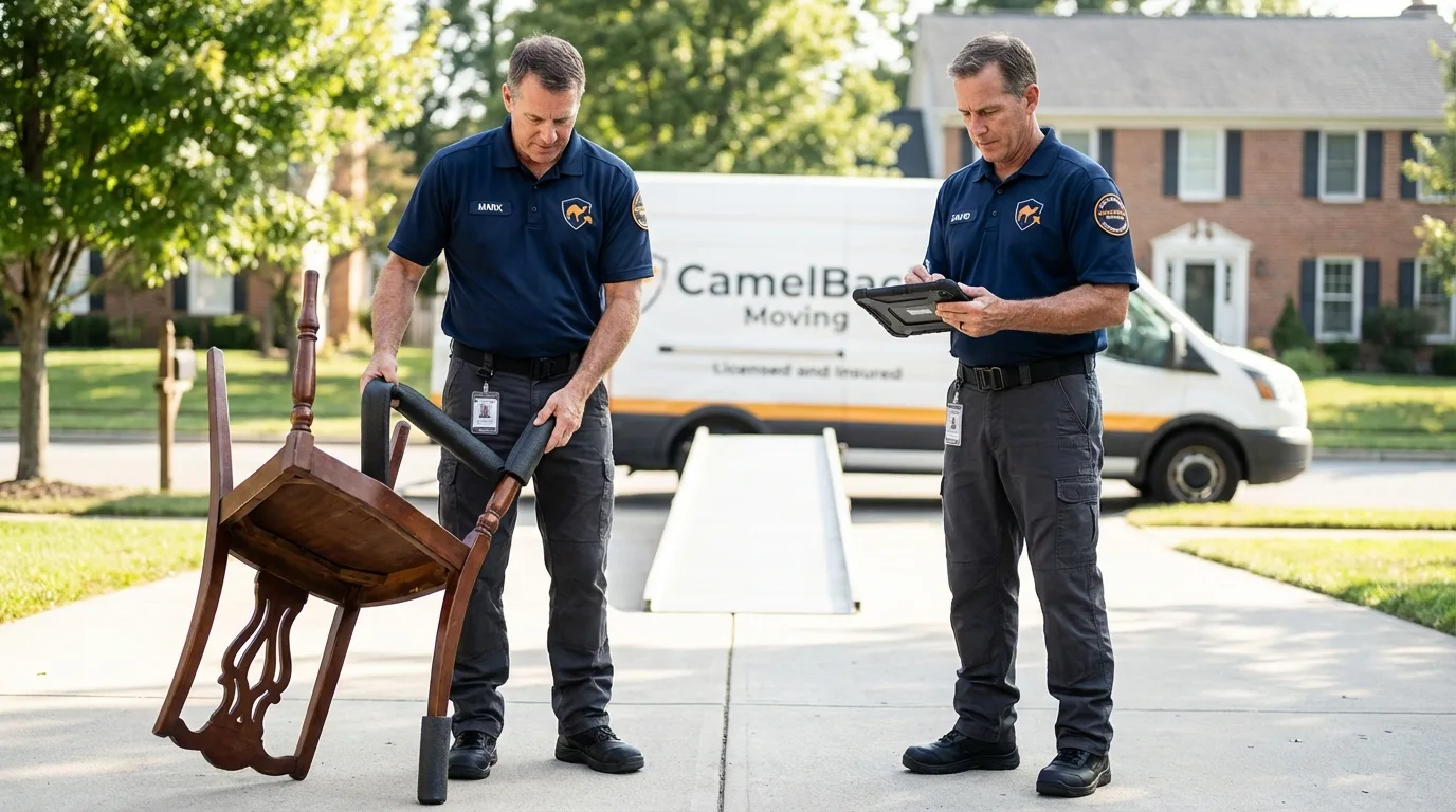Movers inspecting furniture for damage prevention before loading in Bradford, TN